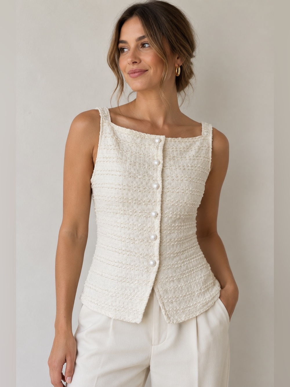 Cream Ruched Square Neck Button Front Top